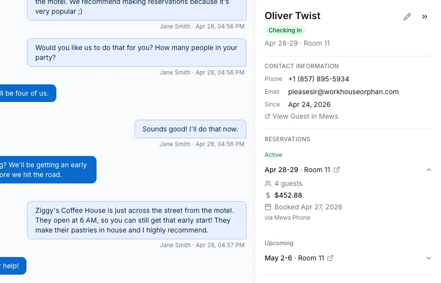 Guest detail in Hello Hotel showing live Mews reservation data