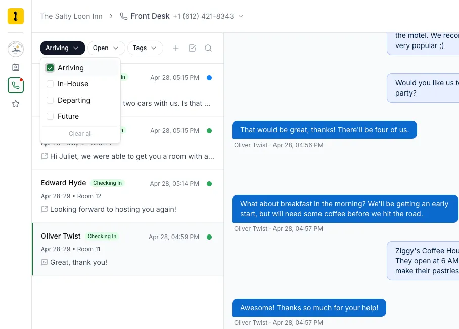 Filtering the inbox by guest status from Mews